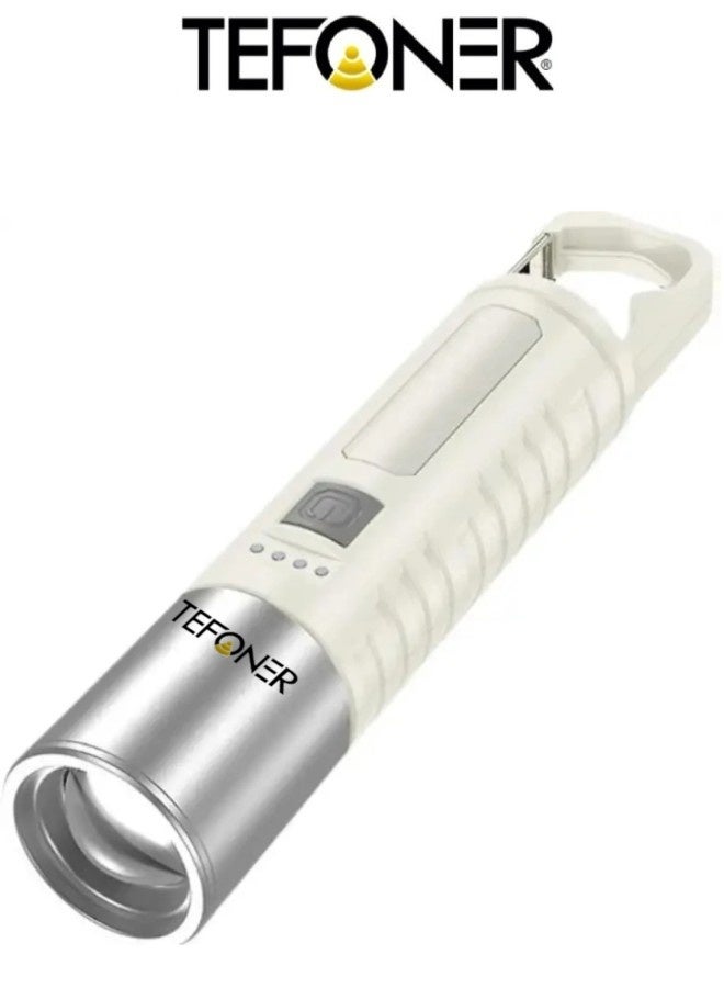 تيفونر كشاف يدوي بمؤشر نسبة البطارية. كشاف قوي الضوء قابل للتعديل. كشاف صغير سهل الحمل وقابل لتعليق. كشاف 360 بأضائتين جانبية وامامية قابلة لتعديل. مصباح يدوي ببطارية وبمنفذ شحن تايب سي. - Image 1